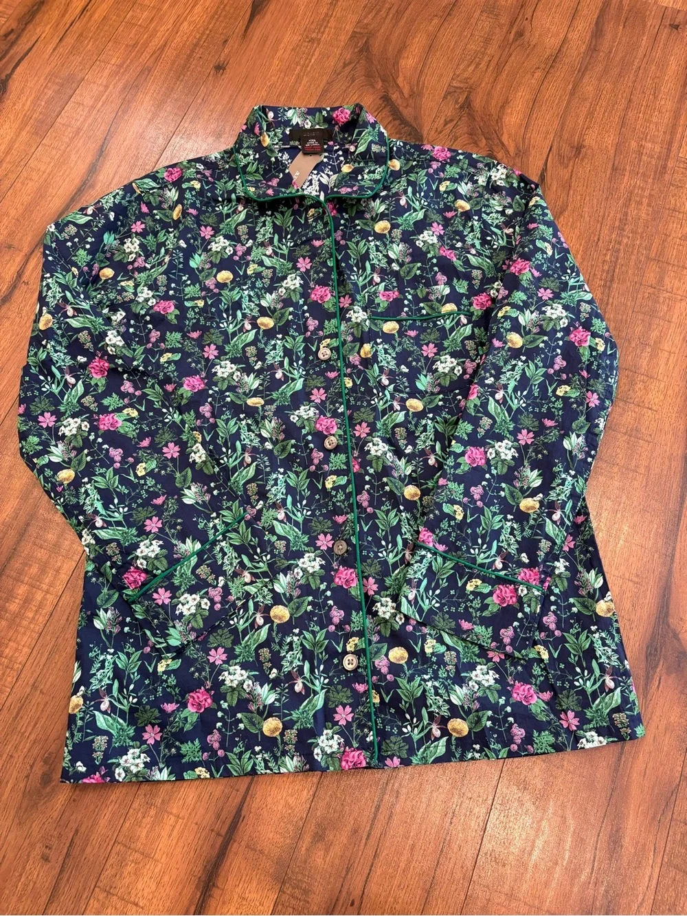 J. Crew Cotton Poplin Lounge Top Navy Green Floral Button Front PajamasXXS NWT